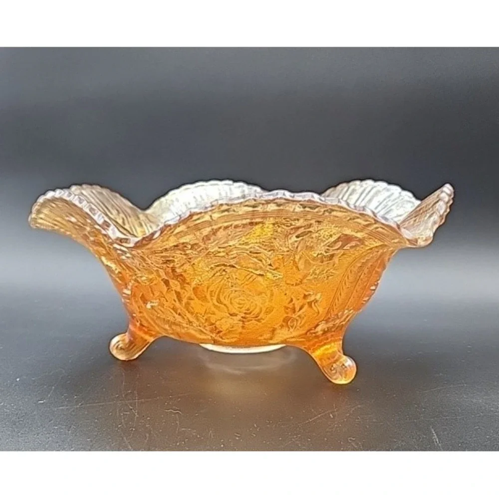 Imperial Glass Marigold Carnival Lustre Rose 11in Footed Bowl American Beauties